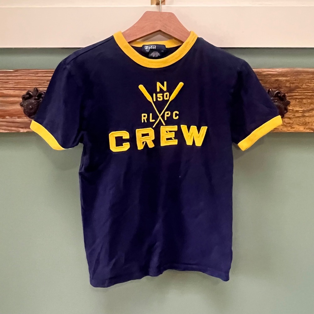 Polo Ralph Lauren Boys Navy Blue Yellow Ringer Crew Graphic T-Shirt Size S 8